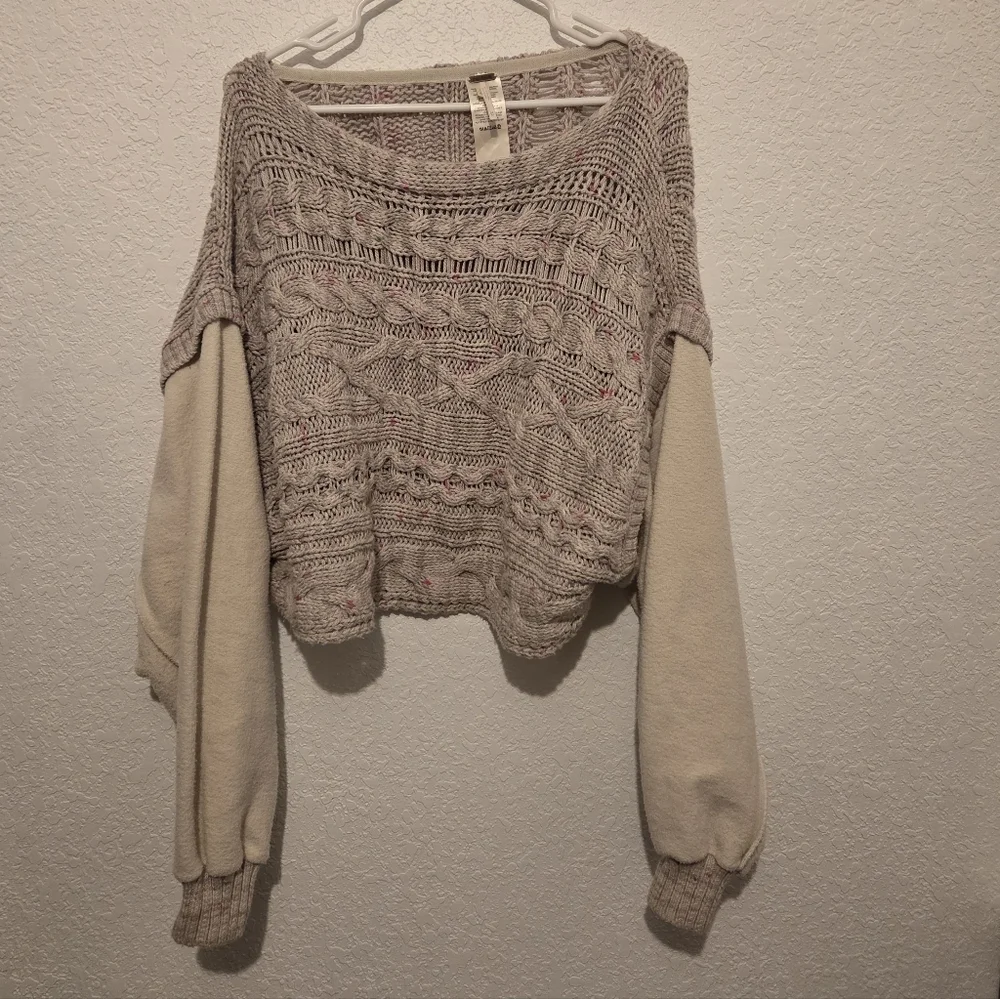 Free People Honey Cable Knit Long Drop Shoulder White Combo Cropped Sweater - M - Picture 8 of 13